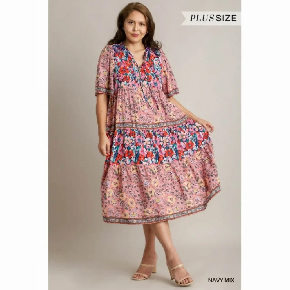 Bohemian Floral Print Maxi Dress - Plus Size XL - Navy Multicolor - Picture 2 of 7